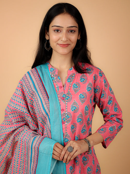 Cotton Printed Kurta Pant Set With Dupatta