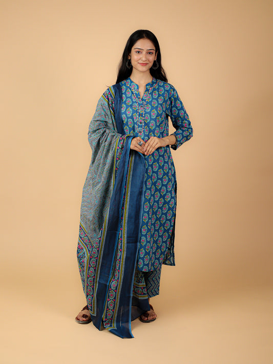 Cotton Printed Kurta Pant Set With Dupatta