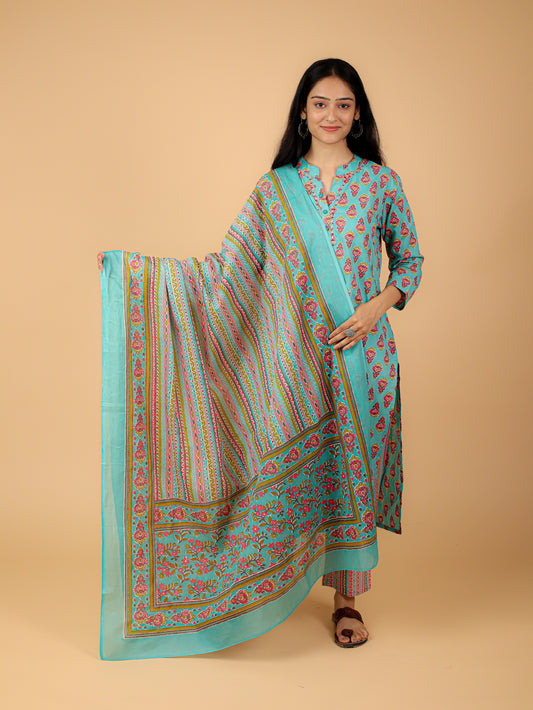 Cotton Printed Kurta Pant Set With Dupatta