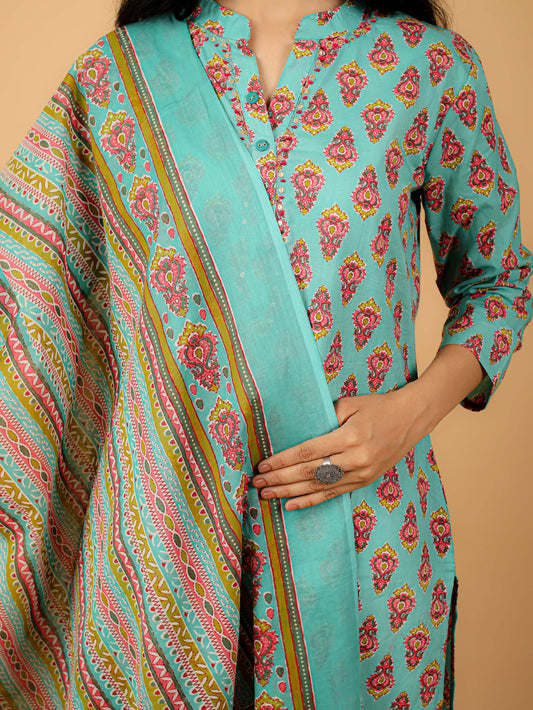 Cotton Printed Kurta Pant Set With Dupatta