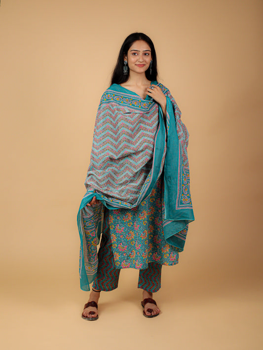 Cotton Printed Kurta Pant Set With Dupatta
