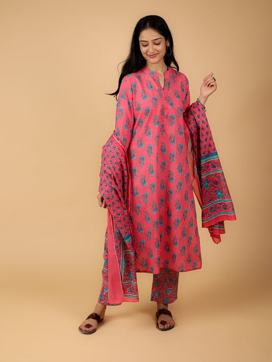 Cotton Printed Kurta Pant Set With Dupatta