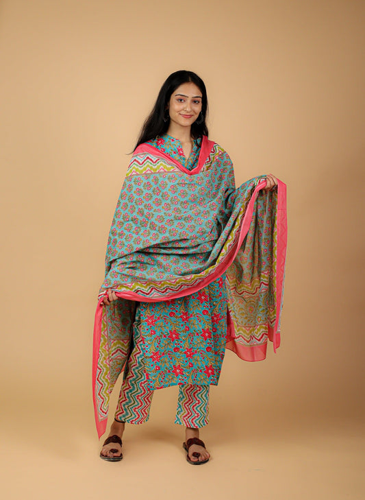 Cotton Printed Kurta Pant Set With Dupatta