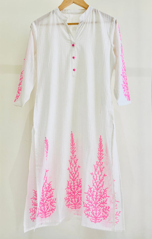 White Kurta - Fluorescent Pink