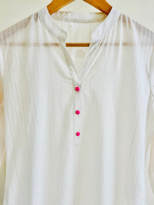 White Kurta - Fluorescent Pink